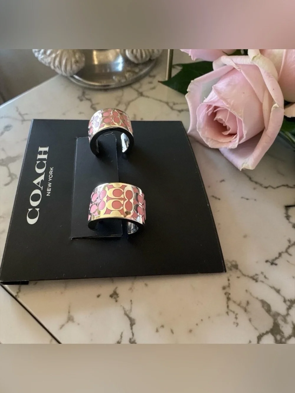 Coach Pink Signature Enamel Cuff Earrings with Silver Accents NWT - Picture 3 of 5